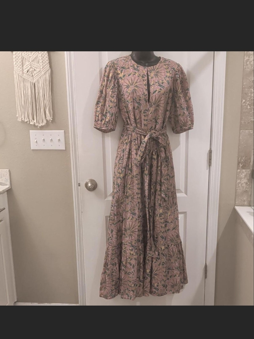 Oliphant Dusty Pink Floral Puff-Sleeve Maxi Dress